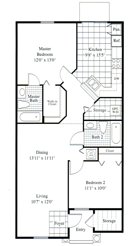 Floor plan for 2 beds, 2 baths, 1047 sqft